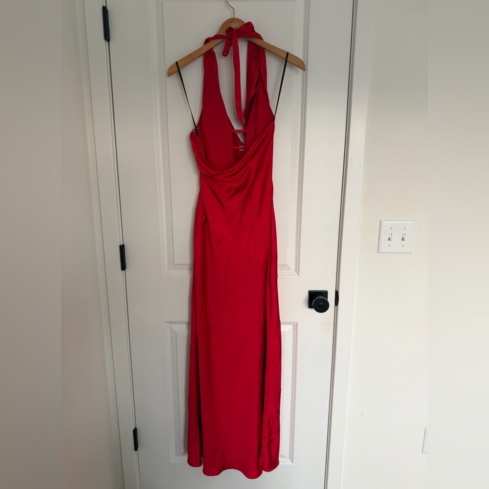 Princess Polly Silk Red Backless Maxi Dress Cowl Neck - Picture 5 of 6